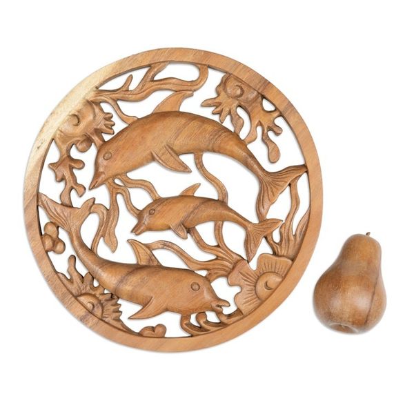 Alternate image for Ocean-Themed Hand-Carved Suar Wood Dolphin Relief Panel Lineage of Peace