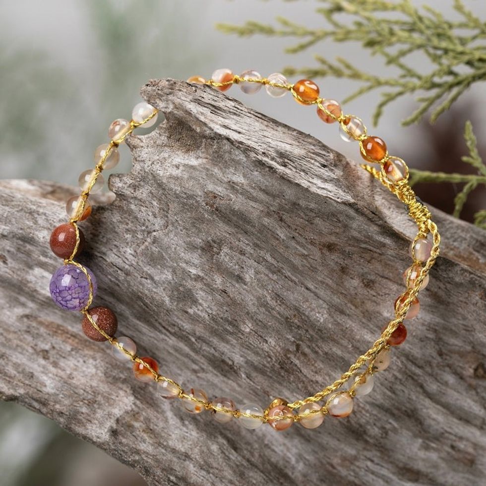 Balinese-Made Golden Chalcedony and Amethyst Beaded Bracelet 'Wise Healing'