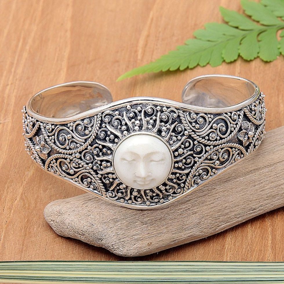 Sterling Silver Cuff Bracelet with Hand-Carved Sun Motif 'Blooming Sun'