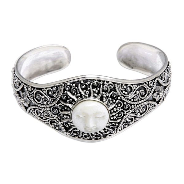 Alternate image for Sterling Silver Cuff Bracelet with Hand-Carved Sun Motif Blooming Sun