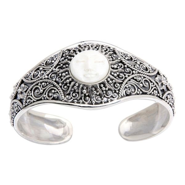 Alternate image for Sterling Silver Cuff Bracelet with Hand-Carved Sun Motif Blooming Sun
