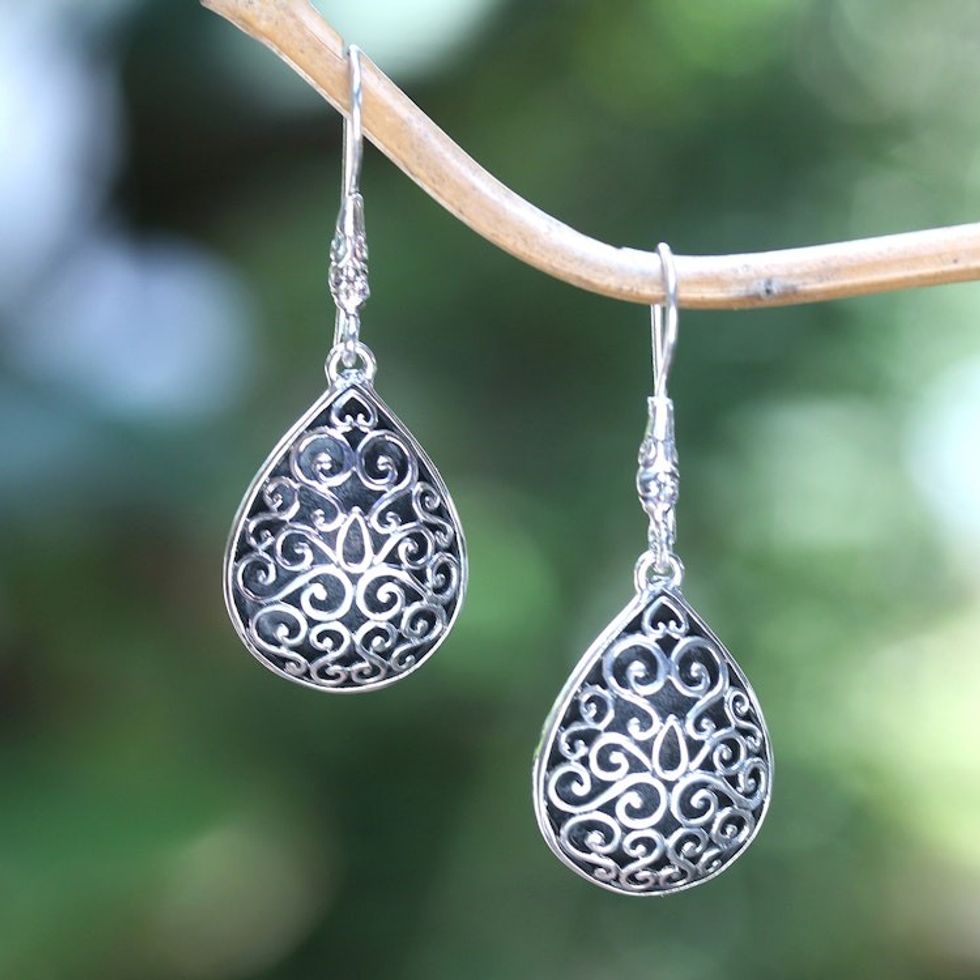 Oxidized Polished Silver Dangle Earrings with Swirl Accents 'Vibrant Spark'