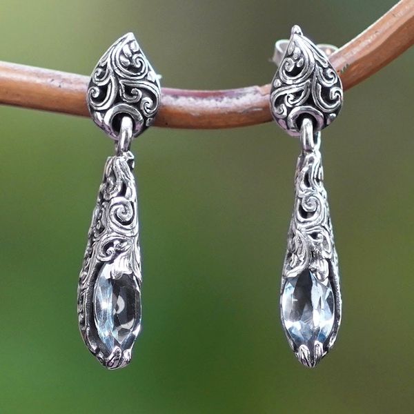 Alternate image for Silver Dangle Earrings from Bali with Blue Topaz Stones Forest Nest