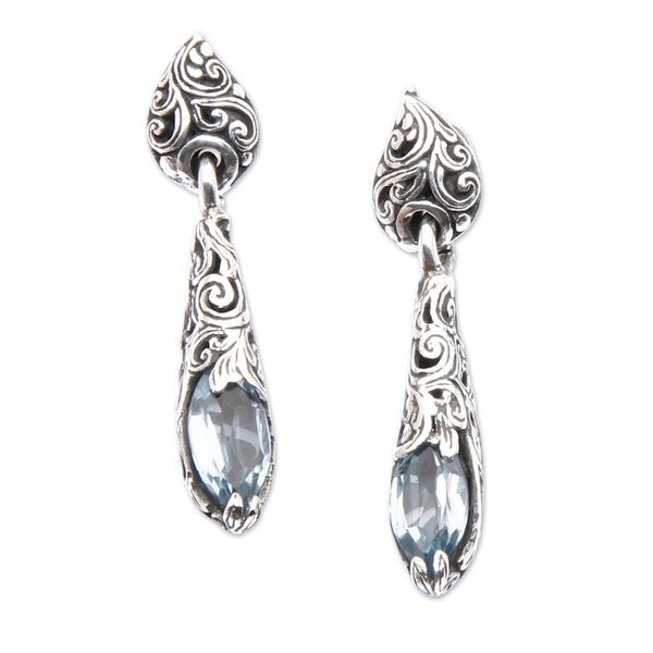 Alternate image for Silver Dangle Earrings from Bali with Blue Topaz Stones Forest Nest