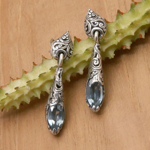 Alternate image for Silver Dangle Earrings from Bali with Blue Topaz Stones Forest Nest