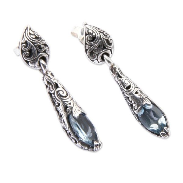 Alternate image for Silver Dangle Earrings from Bali with Blue Topaz Stones Forest Nest