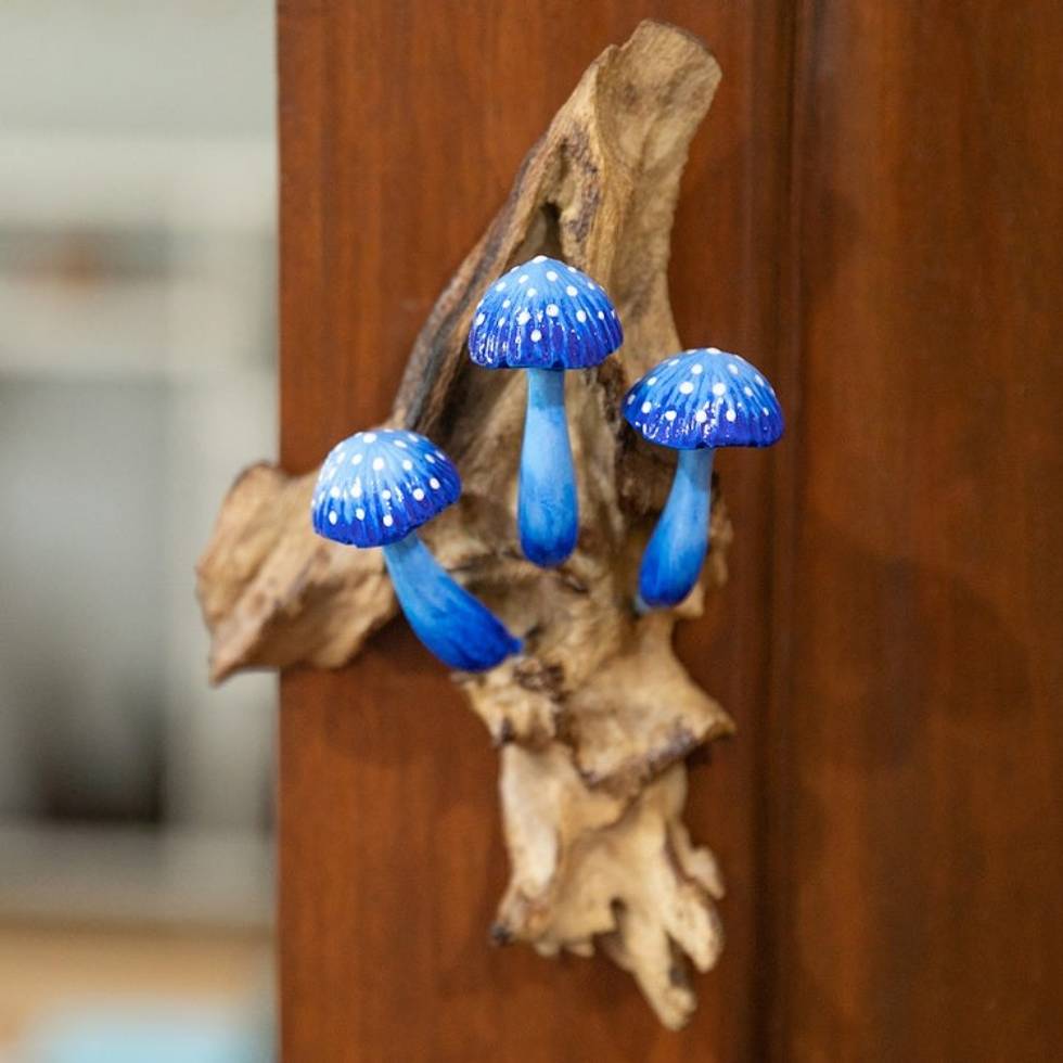 Hand-Painted Blue Mushroom-Themed Wood Wall Art 'Enchanted Mushroom'