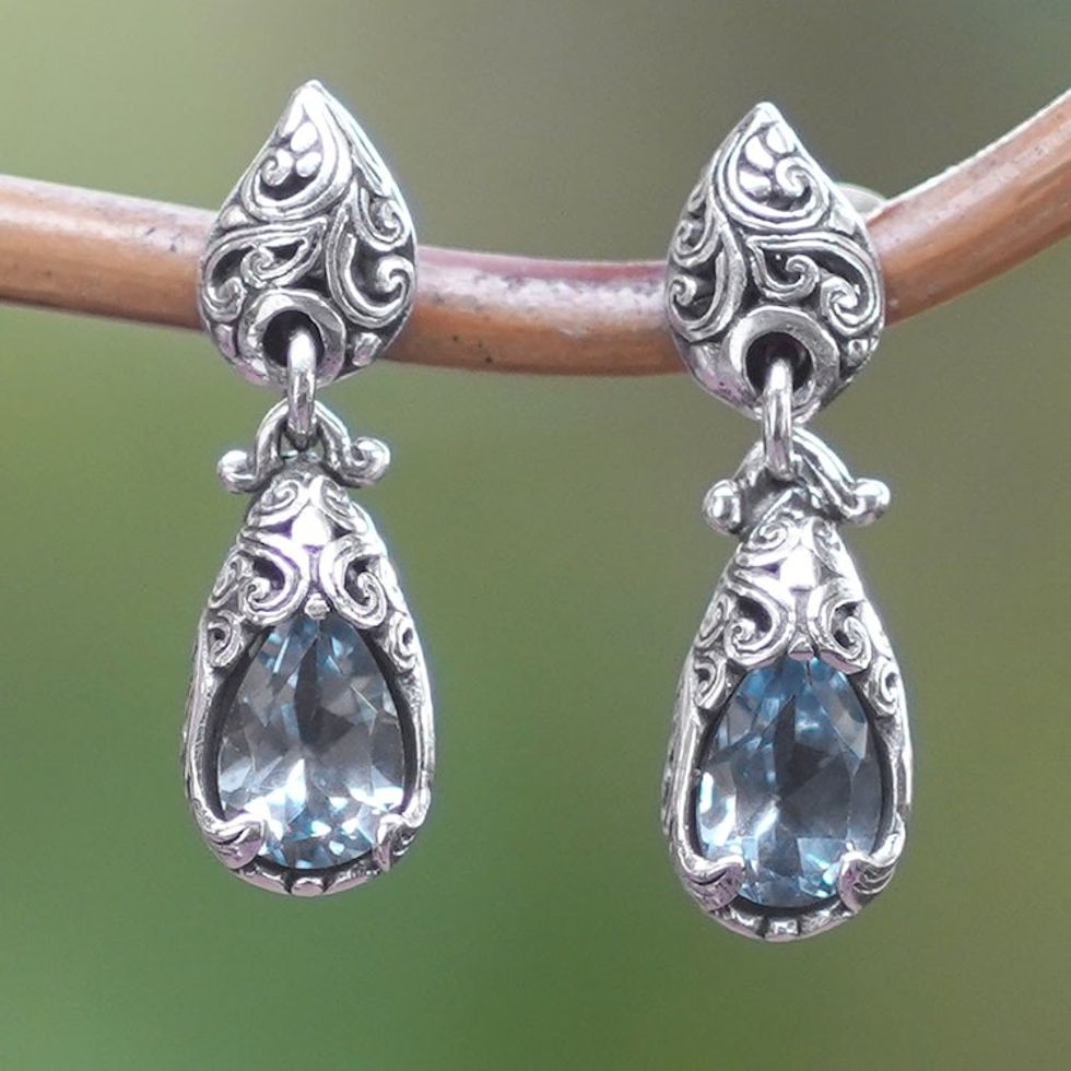Balinese Silver Dangle Earrings with Blue Topaz Gemstones 'Fantasy Nest'