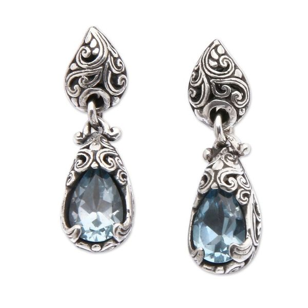 Alternate image for Balinese Silver Dangle Earrings with Blue Topaz Gemstones Fantasy Nest
