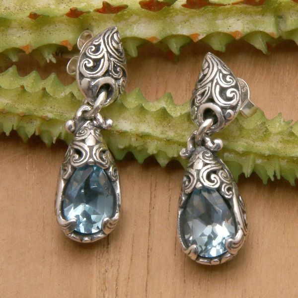 Alternate image for Balinese Silver Dangle Earrings with Blue Topaz Gemstones Fantasy Nest