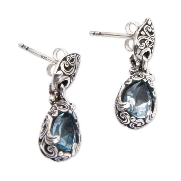 Alternate image for Balinese Silver Dangle Earrings with Blue Topaz Gemstones Fantasy Nest