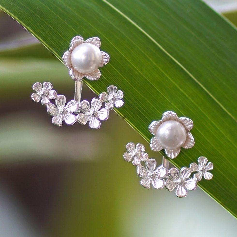 Floral Sterling Silver White Pearl Ear Jacket Earrings 'Pearly Heaven'