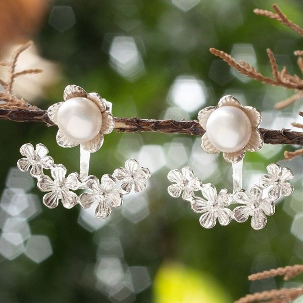 Alternate image for Floral Sterling Silver White Pearl Ear Jacket Earrings Pearly Heaven