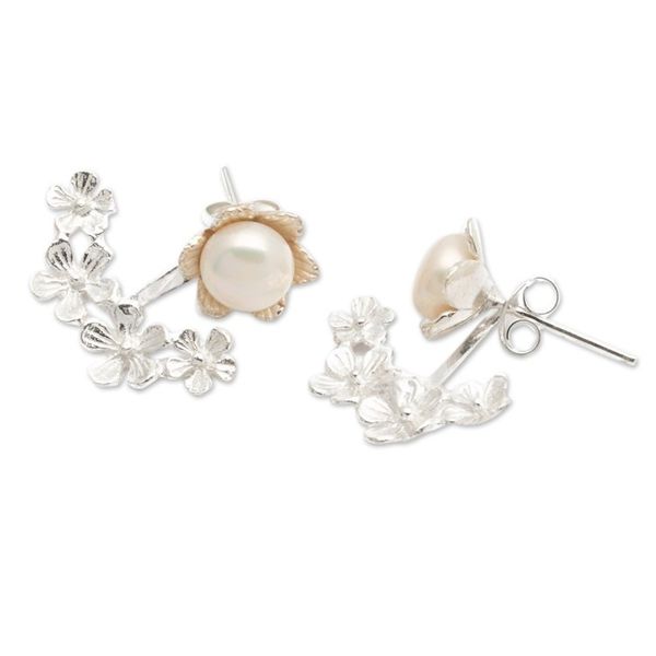 Alternate image for Floral Sterling Silver White Pearl Ear Jacket Earrings Pearly Heaven