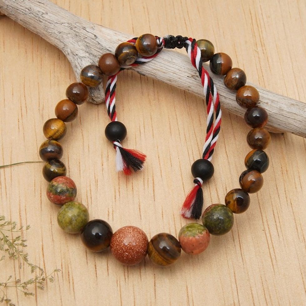 Balinese-Made Unisex Tiger's Eye and Unakite Beaded Bracelet 'Times of Boldness'