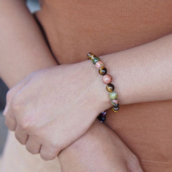 Alternate image for Balinese-Made Unisex Tigers Eye and Unakite Beaded Bracelet Times of Boldness