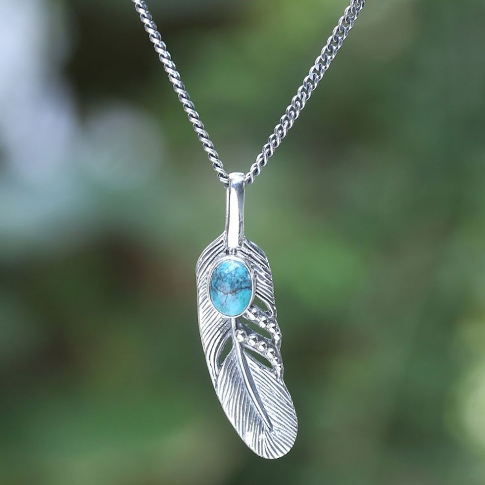 Men's Reconstituted Turquoise Feather Pendant Necklace 'Bright Feather'