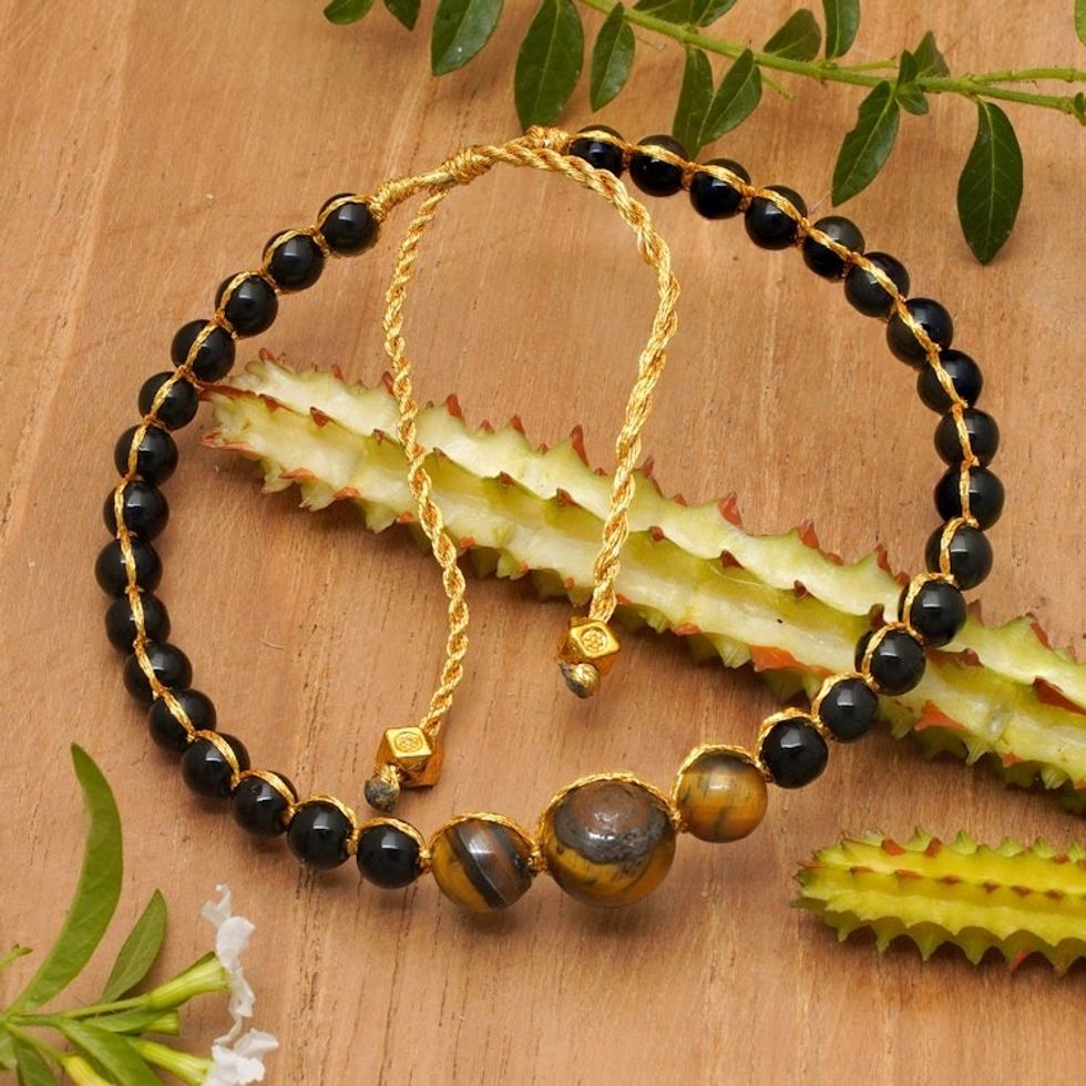 Adjustable Onyx and Tiger's Eye Beaded Bracelet from Bali 'Power of Earth'