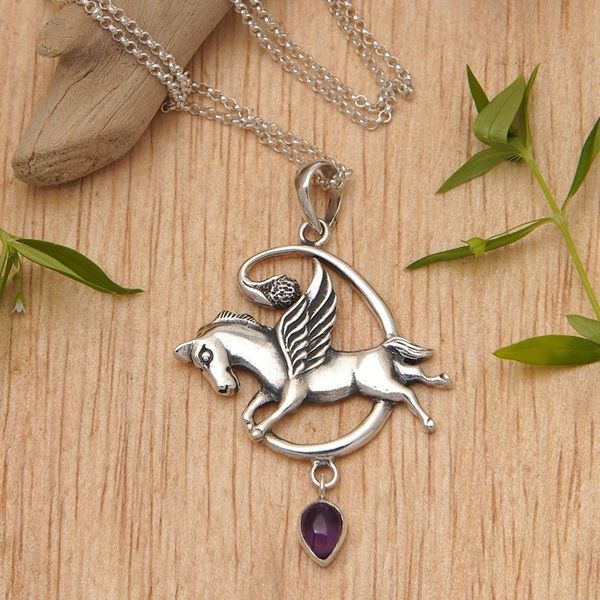 Alternate image for Sterling Silver and Amethyst Pegasus Pendant Necklace Pegasus Heaven