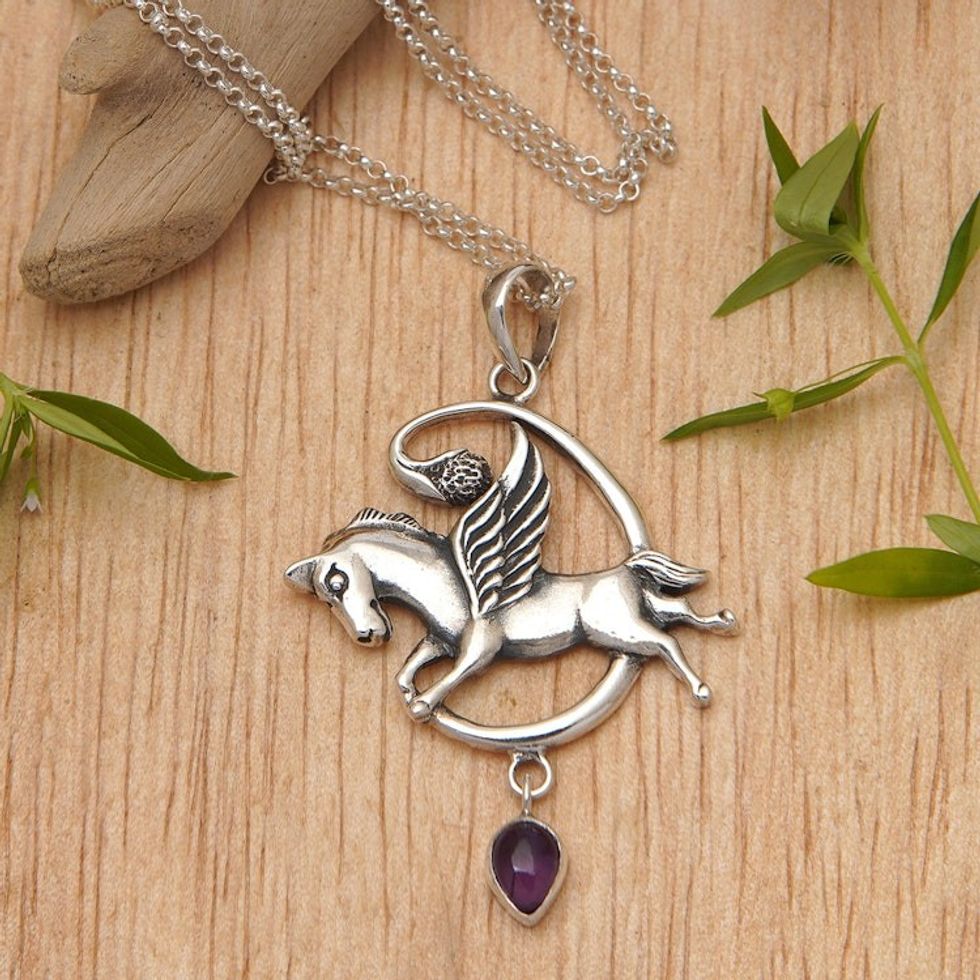 Sterling Silver and Amethyst Pegasus Pendant Necklace 'Pegasus Heaven'