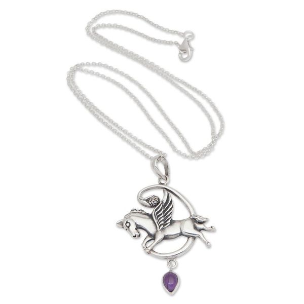 Alternate image for Sterling Silver and Amethyst Pegasus Pendant Necklace Pegasus Heaven