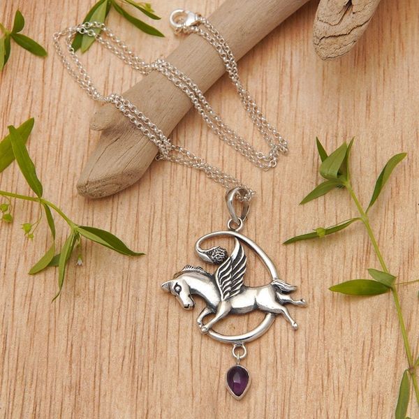 Alternate image for Sterling Silver and Amethyst Pegasus Pendant Necklace Pegasus Heaven