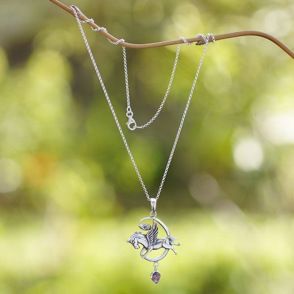 Alternate image for Sterling Silver and Amethyst Pegasus Pendant Necklace Pegasus Heaven