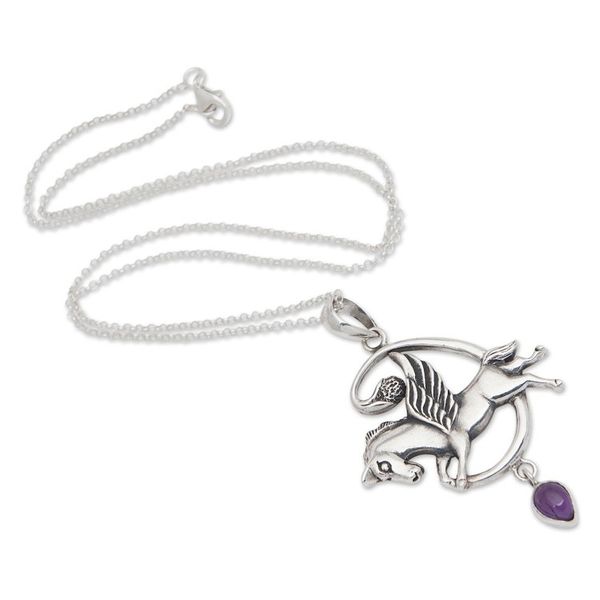 Alternate image for Sterling Silver and Amethyst Pegasus Pendant Necklace Pegasus Heaven