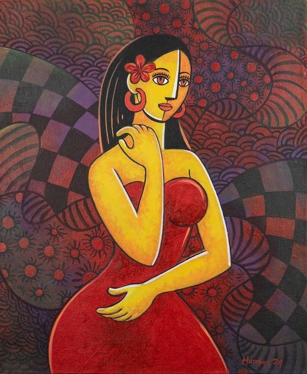 Alternate image for Signed Expressionist Acrylic Painting of Woman in Red Super Women