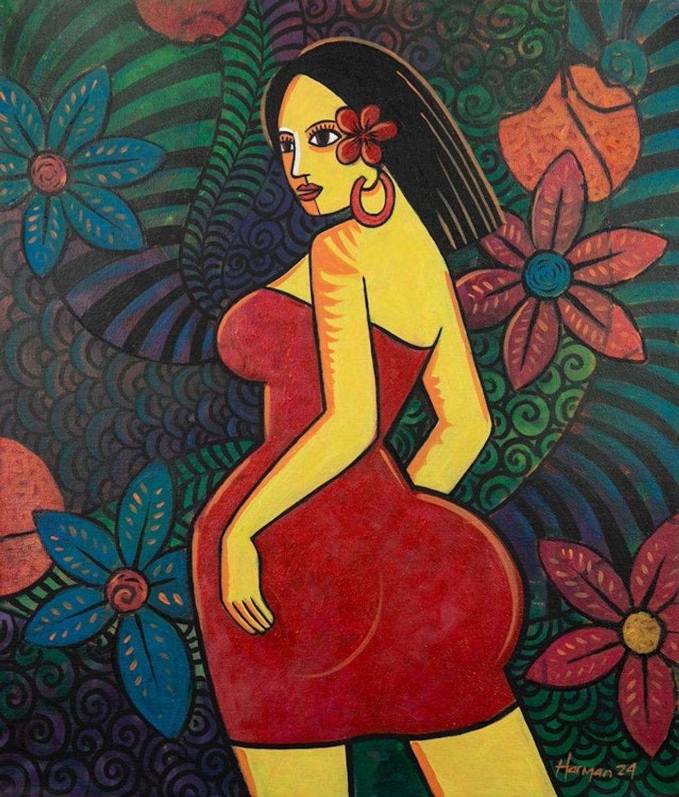 Expressionist Floral Acrylic Portrait Painting of Woman 'Self Introspection'