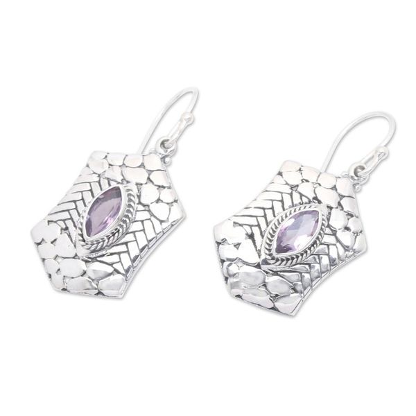Alternate image for Silver Dangle Earrings with Marquise-Shaped Amethyst Stones Woman Beauty in Purple