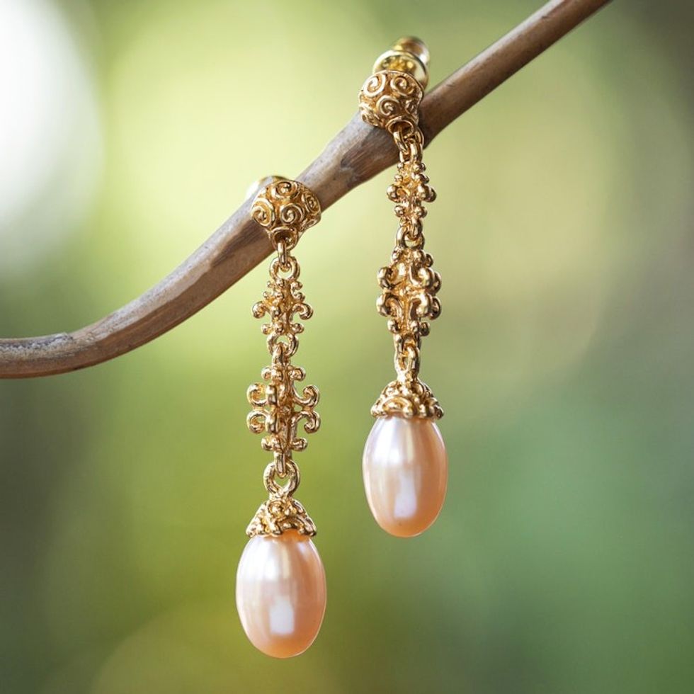18k Gold-Plated Dangle Earrings with Peach Cultured Pearls 'Sunlit Serenade'