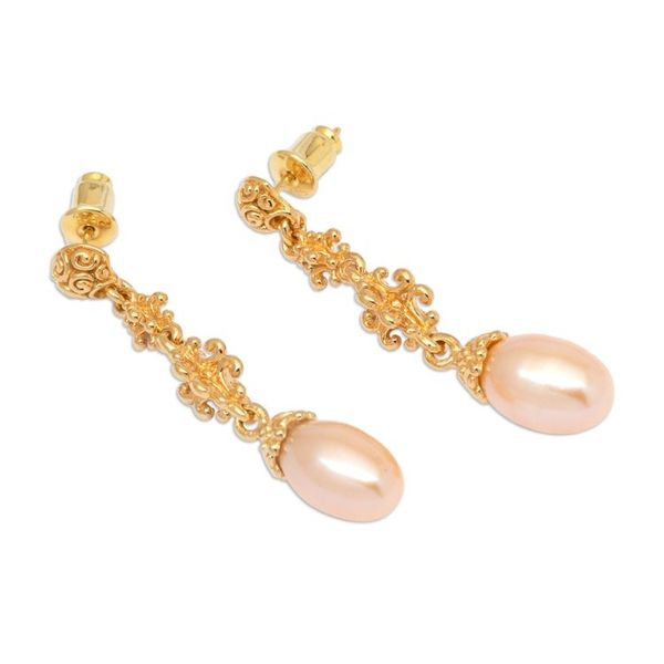 Alternate image for 18k Gold-Plated Dangle Earrings with Peach Cultured Pearls Sunlit Serenade
