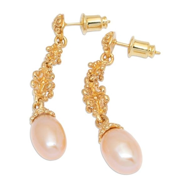 Alternate image for 18k Gold-Plated Dangle Earrings with Peach Cultured Pearls Sunlit Serenade