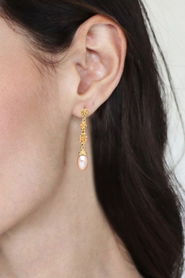 Alternate image for 18k Gold-Plated Dangle Earrings with Peach Cultured Pearls Sunlit Serenade