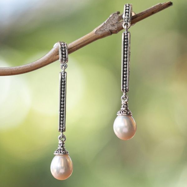 Alternate image for Classic Balinese-Made White Cultured Pearl Dangle Earrings Royal Dew