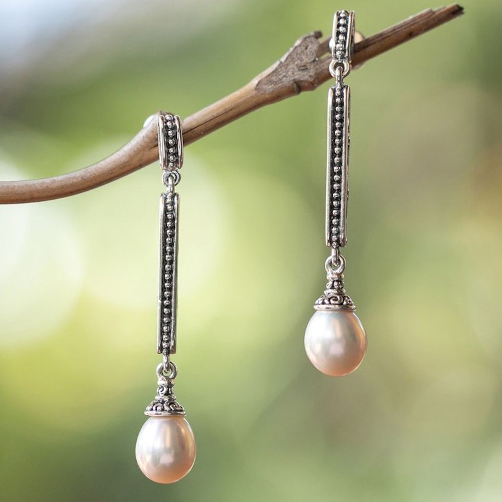 Classic Balinese-Made White Cultured Pearl Dangle Earrings 'Royal Dew'