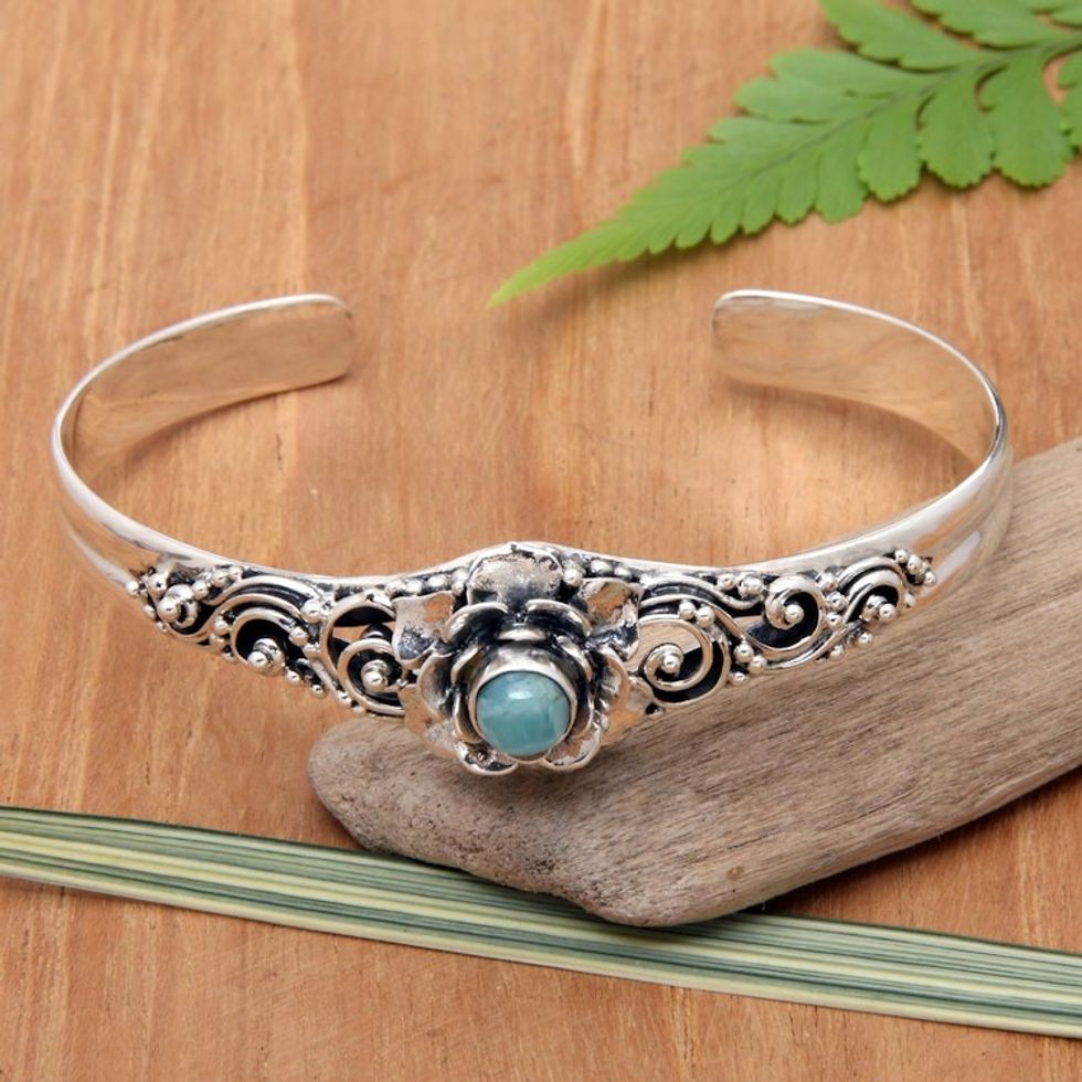 Larimar Sterling Silver Floral-Themed Cuff Bracelet 'Flower of Eternity'