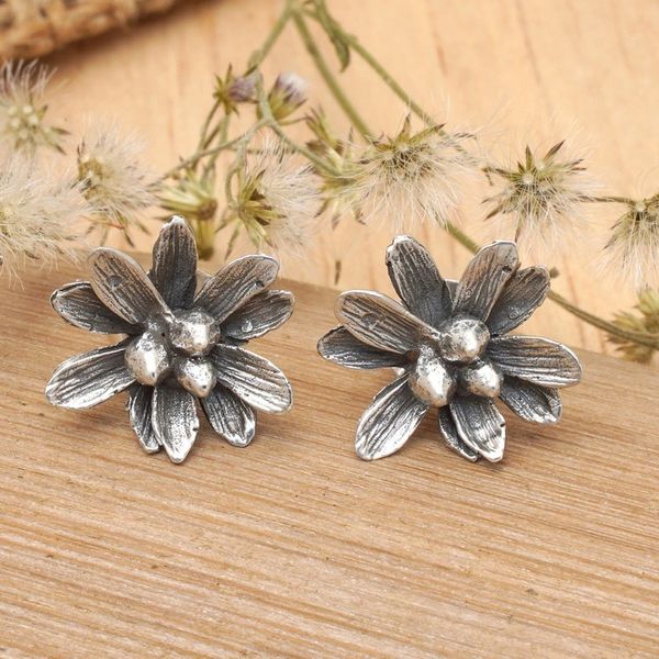 Alternate image for Oxidized and Polished Floral Sterling Silver Button Earrings Spring Elite