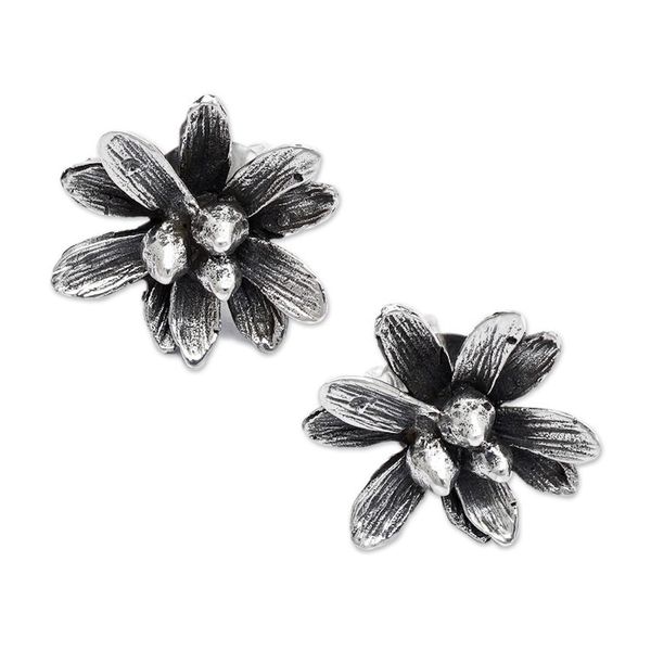 Alternate image for Oxidized and Polished Floral Sterling Silver Button Earrings Spring Elite