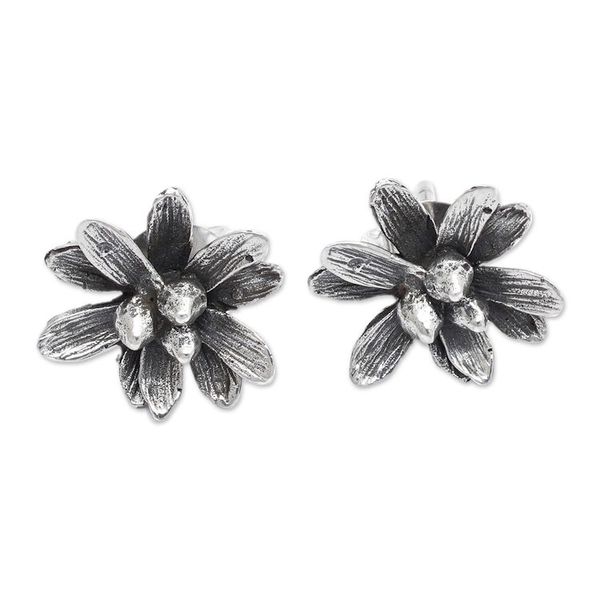 Alternate image for Oxidized and Polished Floral Sterling Silver Button Earrings Spring Elite