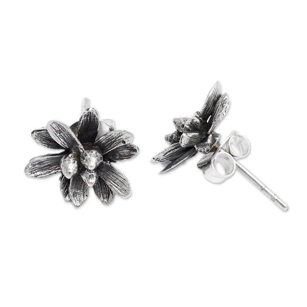 Alternate image for Oxidized and Polished Floral Sterling Silver Button Earrings Spring Elite