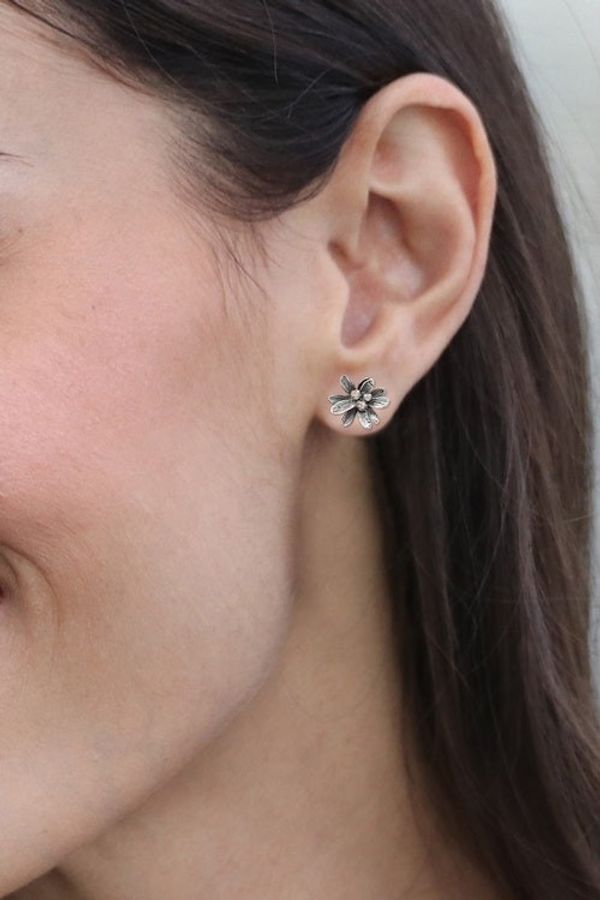Alternate image for Oxidized and Polished Floral Sterling Silver Button Earrings Spring Elite