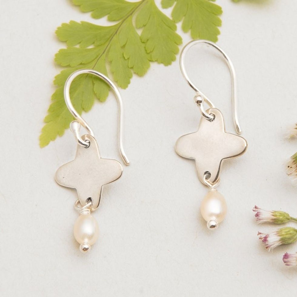 High-Polished Peach Cultured Pearl Dangle Earrings from Bali 'Pearly Energies'