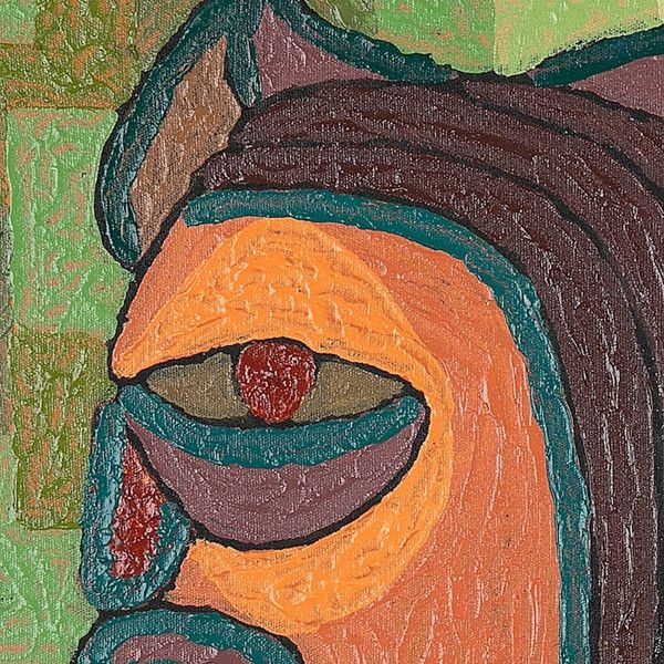 Alternate image for Signed Folk Art Green and Brown Acrylic Painting from Bali Shape of Deformasi V