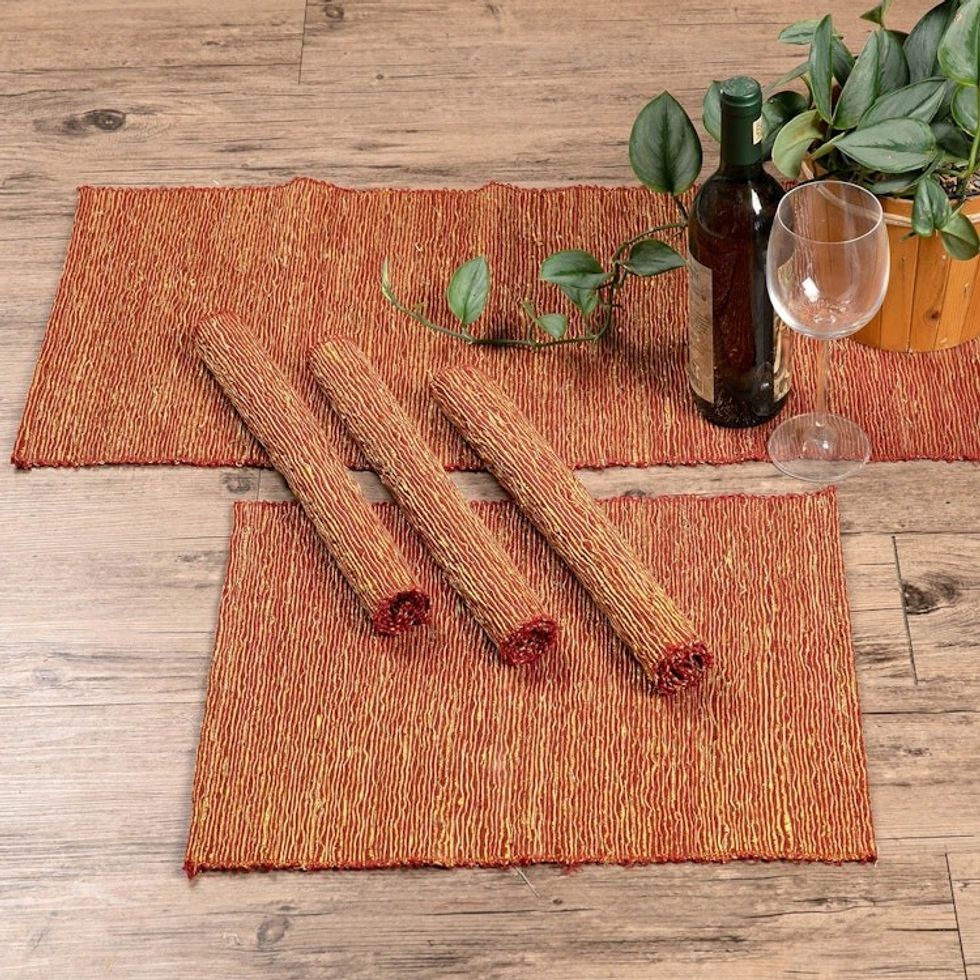 Orange Cotton Blend Table Runner and Placemats 5 Pieces 'Warm Aroma'