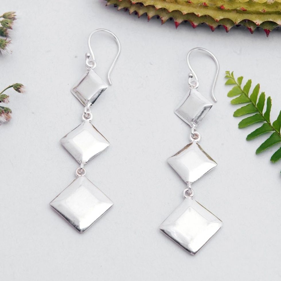 High-Polished Diamond-Shaped Sterling Silver Dangle Earrings 'Triple Diamonds'