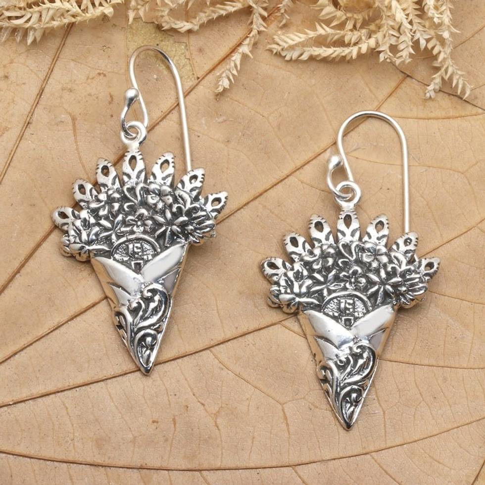 Traditional Kuangen-Shaped Sterling Silver Dangle Earrings 'Kuangen Offerings'