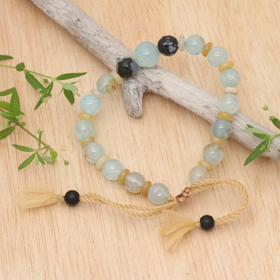 Bohemian Adjustable Multi-Gemstone Beaded Bracelet from Bali 'Clear Waves'
