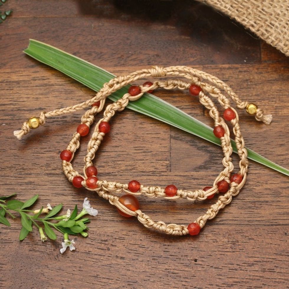 Carnelian Beaded Macrame Wrap Bracelet from Bali 'Pure Flames'